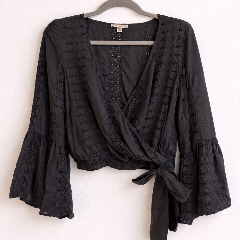 American Eagle Black Lace Wrap Top | XS | Boho Bell Sleeve Tie Front Blouse